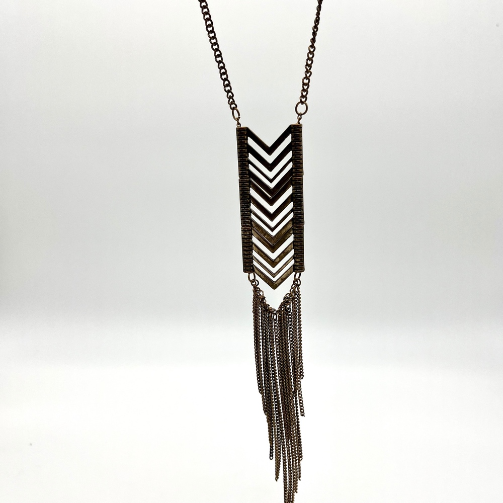 Chevron Tassel Pendant Necklace Bronze Tone Long Chain Fashion Jewelry‎